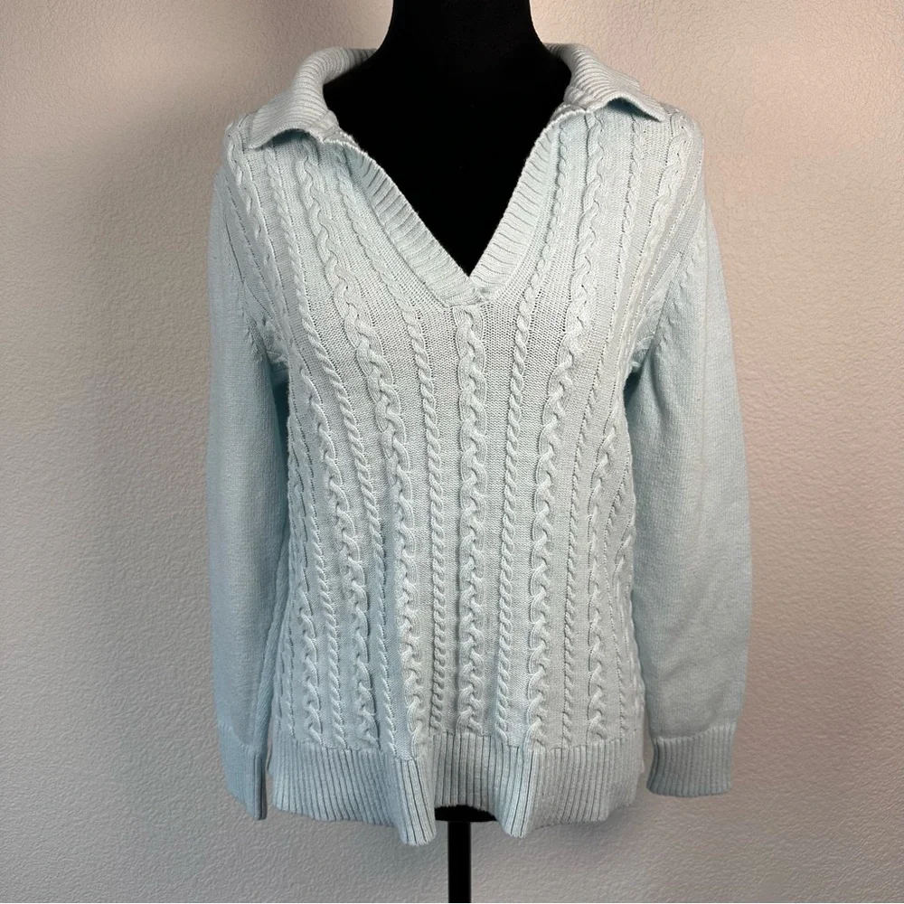 Talbots Cotton Cable Knit‎ Collared Sweater Light Blue Size M